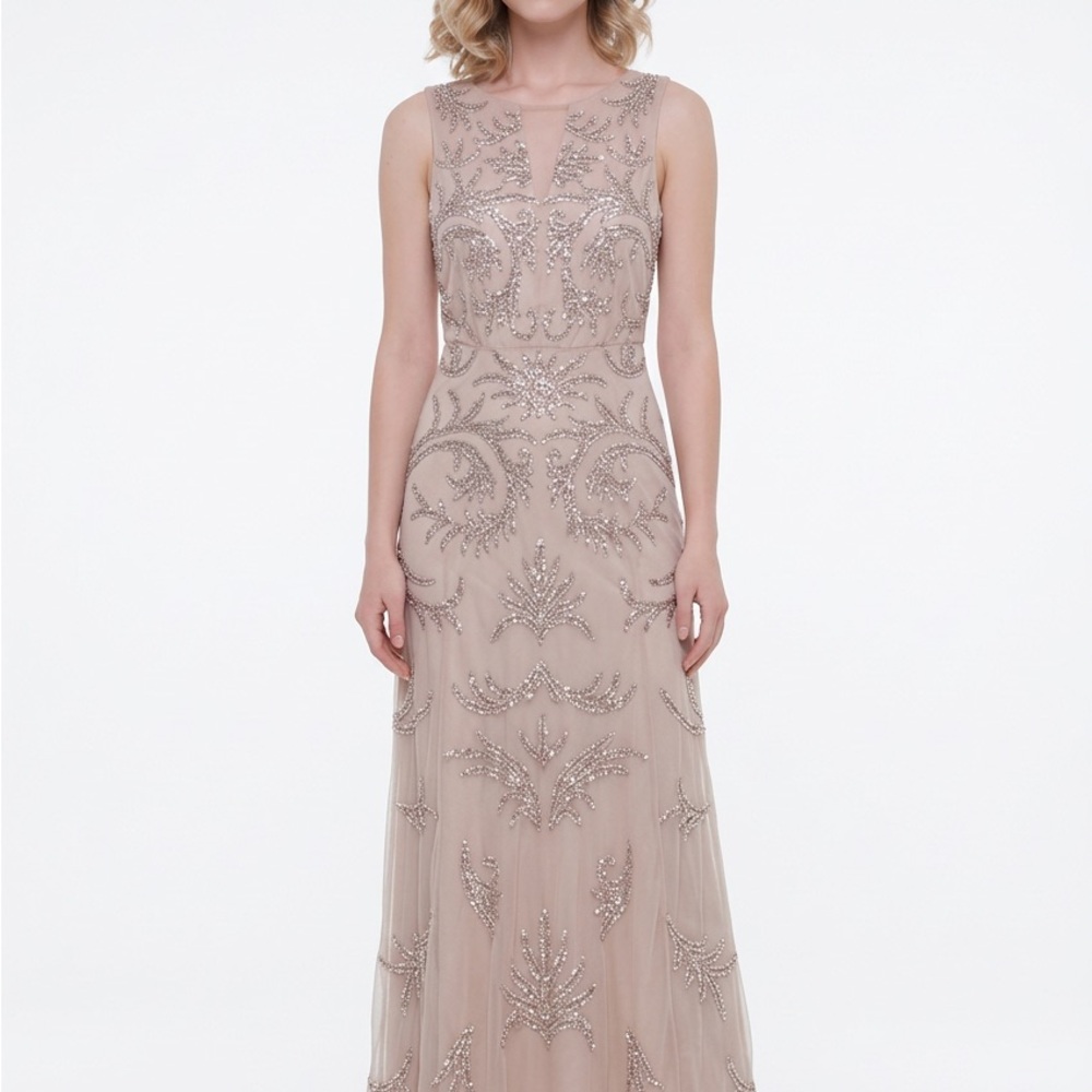 Aidan Mattox Beaded Champagne Maxi Gown